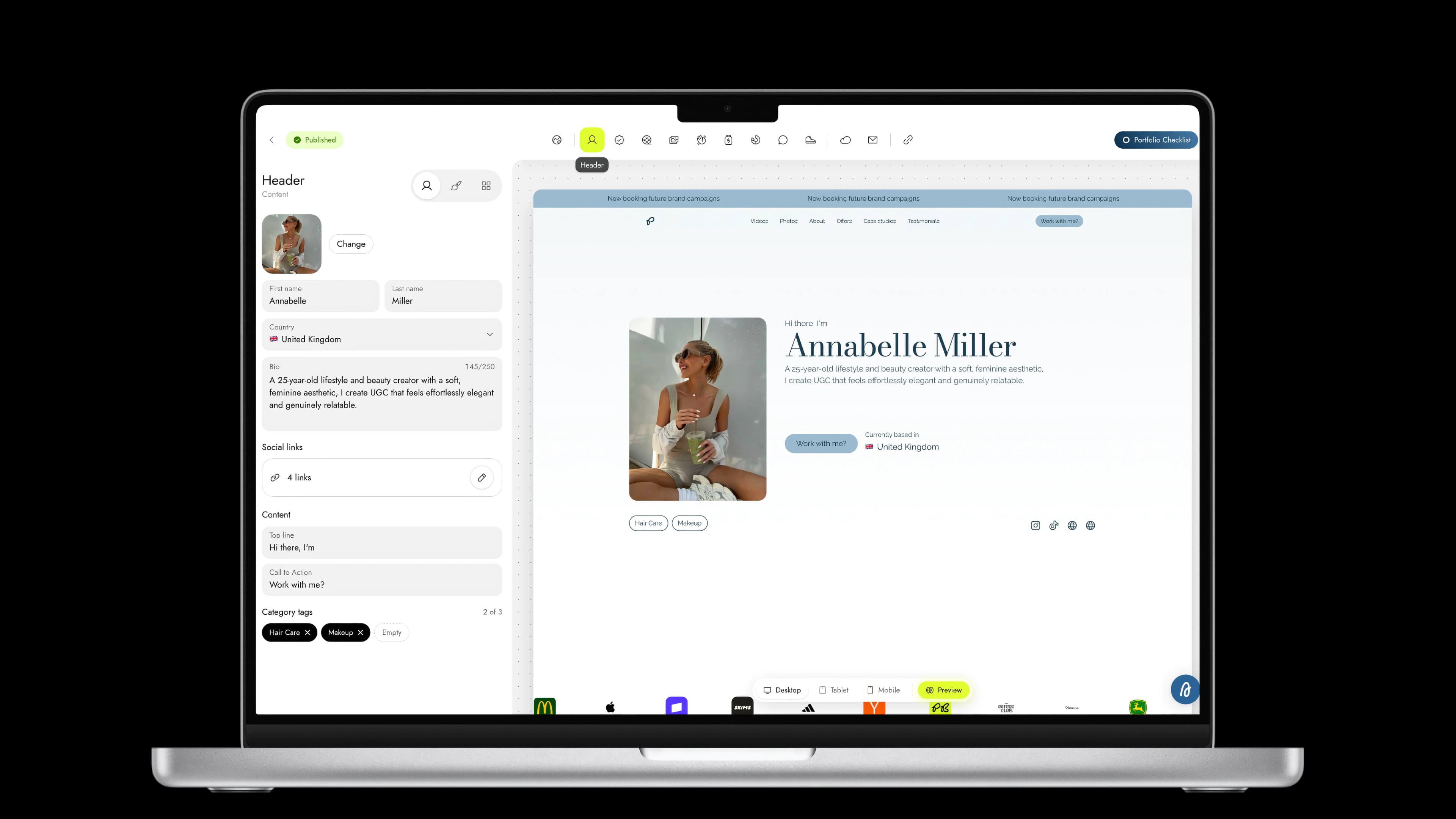 Pressbook portfolio editor with a live preview